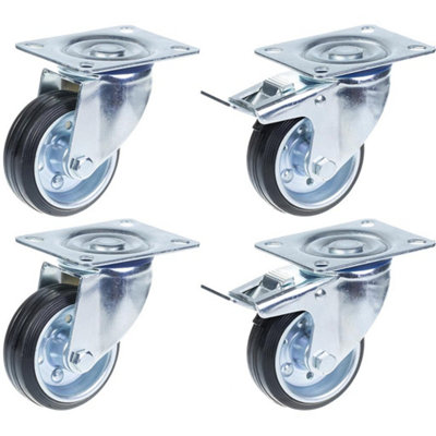 80mm 3" castor rubber tyre, swivel & brake, strong 280kg capacity, set of 4