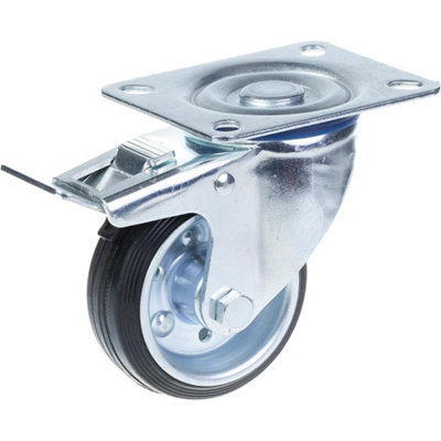 80mm swivel/brake castor with black rubber on pressed steel centre wheel