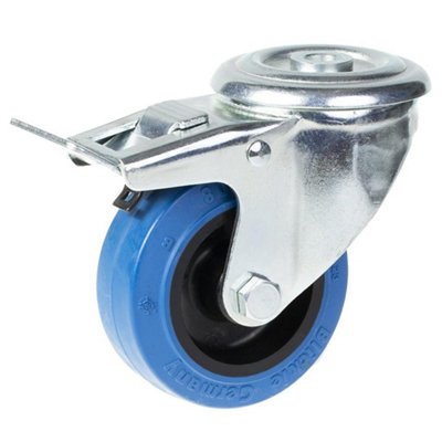 80mm swivel/brake castor with blue elastic rubber on nylon centre wheel