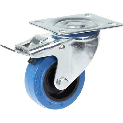 80mm swivel/brake castor with blue elastic rubber on nylon centre wheel