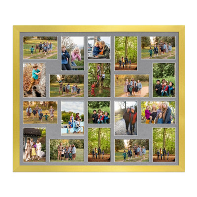 80X70CM Gold Modern Multi Photo Frame with Mid Grey Mount - Holds 20 ...