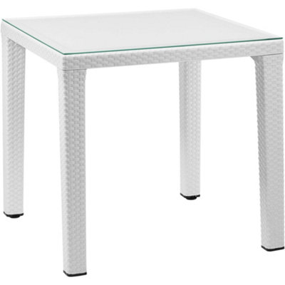 80x80cm Glass Top Outdoor Dining Table - Square White Rattan Style Garden