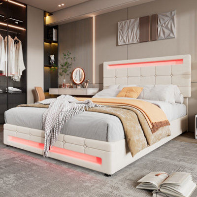 Abrihome Upholstered BedHydraulic BedAdults Teenagers Double BedWith 7Colors Led-Light StripsVelvet+Iron135X190Cm,beige from B&Q
