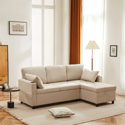 Abrihome Sofa BedL-Shaped Corner Sofa3 Seater Pull Out Sofa With StorageConvertible Settee Sofa For Living RoomOfficeBeige from B&Q