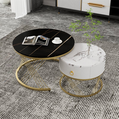 Abrihome Elegant Nesting Coffee Table: Marble LookGold DecorSide Table With DrawersSet Of 2 from B&Q