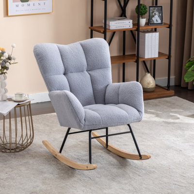 Abrihome Mid Century Modern Teddy Fabric Tufted Upholstered Rocking Chair Padded Seat For Living Room BedroomLight Grey from B&Q