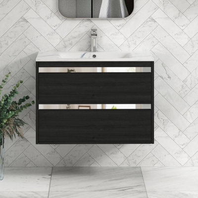 B&Q -  Orion 800mm Wall Hung Bathroom Vanity Unit 2 Drawer Hale Black With Carrara White Basin & Chrome Accent Trim