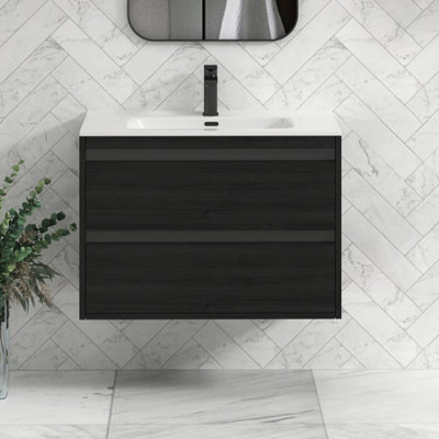 B&Q -  Orion 800mm Wall Hung Bathroom Vanity Unit 2 Drawer Hale Black With Ceramic Basin & Black Accent Trim