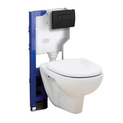 820mm Mounting Frame & Concealed Cistern for Wall Hung Toilets with Black Flush Plate