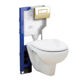 820mm Mounting Frame & Concealed Cistern for Wall Hung Toilets with Gold Flush Plate