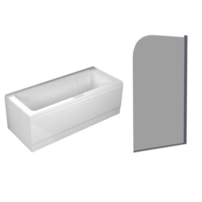 B&Q -  1700mm Square Bath With Curved Black Frame Dark Grey Bath Screen