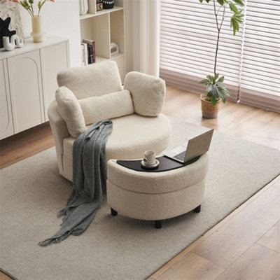Abrihome Teddy Swivel Armchair With 3 Back Cushion Pillow Ottoman Crescent StoolWhite from B&Q