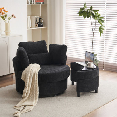 Abrihome Chenille Swivel Armchair With 3 Back Cushion Pillow Ottoman Crescent StoolBlack from B&Q