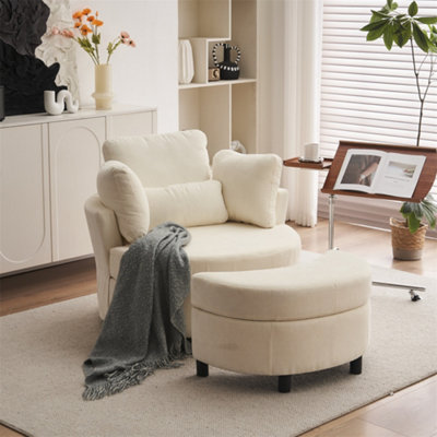 Abrihome Chenille Swivel Armchair With 3 Back Cushion Pillow Ottoman Crescent StoolIvory from B&Q