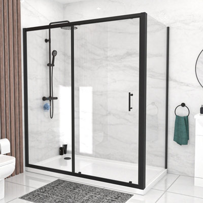 Nes Home 1700mm Matte Black Sliding Shower Door900mm Frameless Glass Screen from B&Q