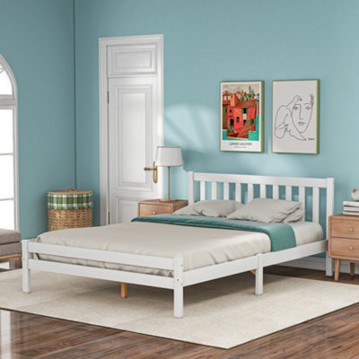 Abrihome Wooden Bed Frame, Double Bed 4Ft6 Solid Wooden Bed Frame, Bedroom Furniture For Adults, Kids, Teenagers, 135 X 190 Cm (White) White