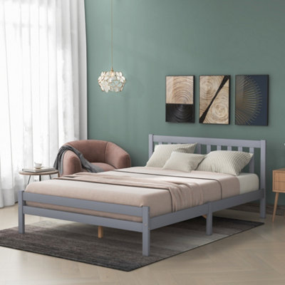 Abrihome Grey Wooden Bed Frame, Double Bed 4Ft6 Solid Wooden Bed Frame, Bedroom Furniture For Adults, Kids, Teenagers, 135 X 190 Cm (Grey)