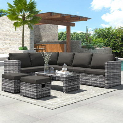 Abrihome Garden Corner Sofa Set 8 Seater Rattan Sofa Outdoor Furniture With Coffee Table 2 StoolsGray from B&Q