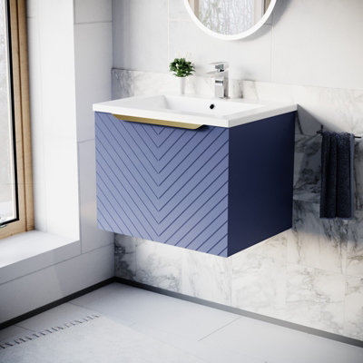 B&Q -  600mm Wall Hung Blue Drawers Basin Vanity Brushed Brass Handle