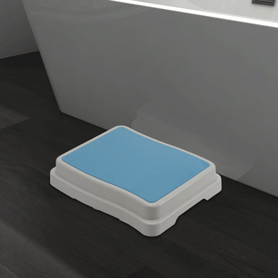 Image showcasing a blue and white bath step positioned next to a bath.