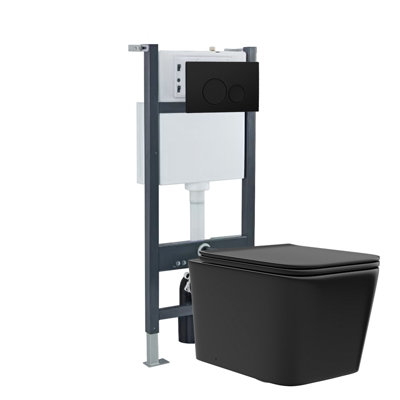 B&Q -  Matt Black Square Wh Toilet Top/front Frame & Round Button Flush Plate