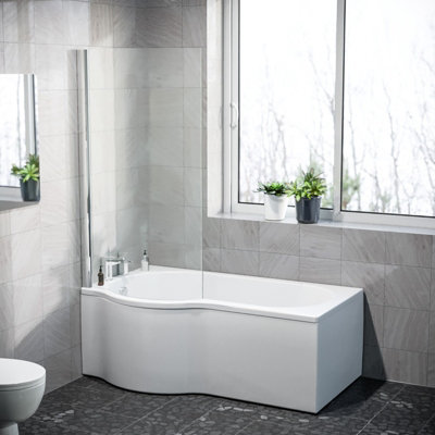 B&Q -  P Shaped Lh 1500mm Curved Shower Bath Acrylic Front Panel & Screen