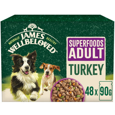 48 X 90G James Wellbeloved Superfood Adult Wet Dog Food Turkey In Gravy Pouch from B&Q