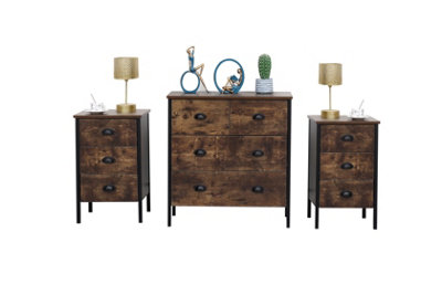 Furniturehmd Rustic Brown Set Of 2 Side Table Bedside Table With 3 Drawer Storage Floor Cabinet Vintage Sideboard Cupboard Storage from B&Q