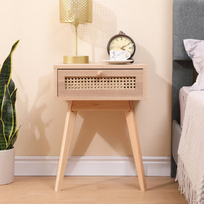 Furniturehmd One Drawer Bedside Table,ratten Front,pine Wood Legs,wooden Bedroom Cabinet,side Table,storage Nightstand from B&Q