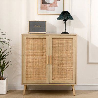 Furniturehmd 2 Door Cabinet With Wicker Front,storage Buffet,organiser Unit,solid Pine Wood Legs from B&Q