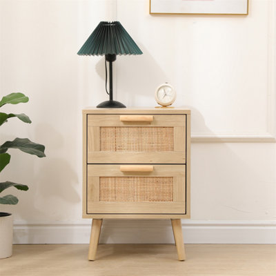 Furniturehmd 2 Drawers Bedside Table,nightstand With Ratten Front,storage Cabinet,sofa Side Table For Bedroom,living Room from B&Q