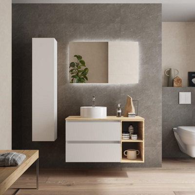 B&Q -  Bequia Plus Vanity Unit 100Cm Matt White / Oak Worktop Basin Ceramic Reversible Side 2H