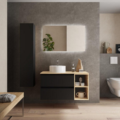 B&Q -  Bequia Plus Vanity Unit 100Cm Matt Black /oak Worktop Basin Ceramic Reversible Side 2H