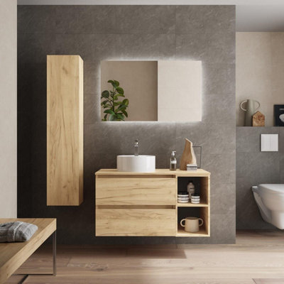 B&Q -  Bequia Plus Vanity Unit 100Cm Oak Worktop Basin Ceramic Reversible Side 2H