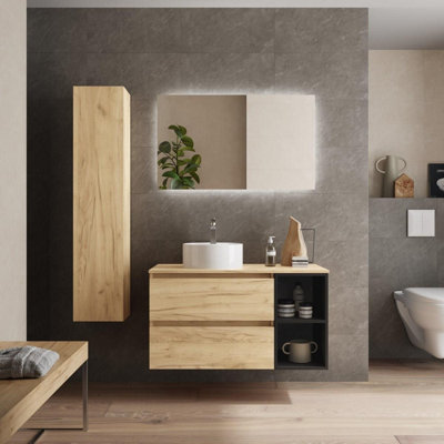 B&Q -  Bequia Plus Vanity Unit 100Cm Oak / Matt Black Worktop Basin Ceramic Reversible Side 2H