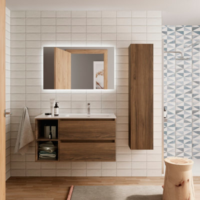 B&Q -  Bequia Plus Vanity Unit 100Cm Walnut Basin Ceramic Right Tap 2H