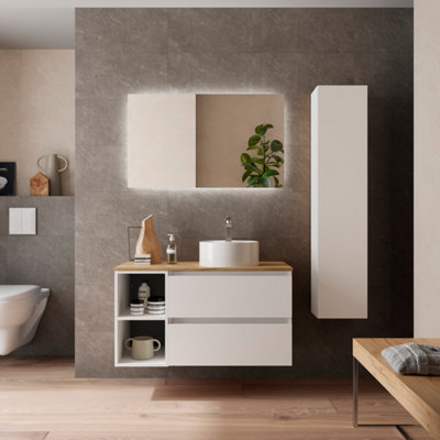 B&Q -  Bequia Plus Vanity Unit 100Cm Matt White Worktop Basin Ceramic Reversible Side 2H