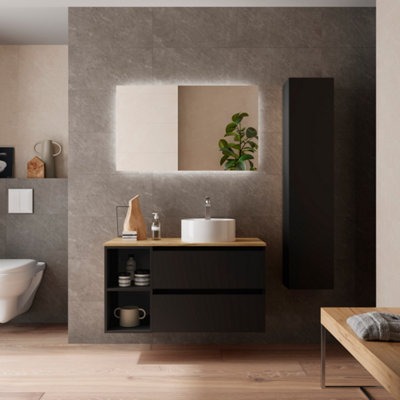 B&Q -  Bequia Plus Vanity Unit 100Cm Matt Black Worktop Basin Ceramic Reversible Side 2H