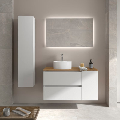 B&Q -  Bequia Plus Vanity Unit 100Cm Matt White Worktop Basin Ceramic Reversible Side 1P
