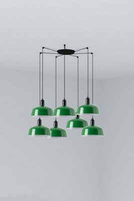 B&Q -  Luminosa Tatawin Medium Cluster Pendant Ceiling Light Satin BlackGloss Green 7X E27