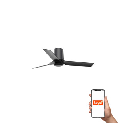 B&Q -  Luminosa Mini Punt Tub Small 3 Blade Ceiling Fan Matt BlackWalnut Tuya Smart System