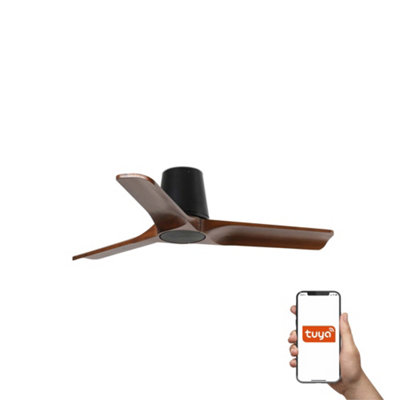 B&Q -  Luminosa Heywood Tub Small 3 Blade Ceiling Fan Matt BlackWalnut Tuya Smart System