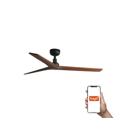 B&Q -  Luminosa Klim Medium 3 Blade Ceiling Fan Matt BlackWalnut Tuya Smart System