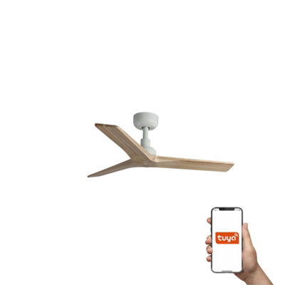 Luminosa Lighting White Luminosa Klim 3 Blade Ceiling Fan Matt Pine Wood E27 Tuya Smart System Small