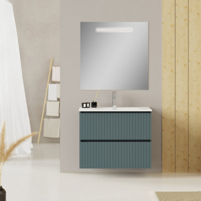 Banyetti Linea Ocean Blue Fluted Double Drawer Wall Hung Vanity Unit Including Basin 800mm X 460mm from B&Q