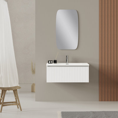 Banyetti Linea Matt White Ribbed Wall Hung Vanity Unit 800mm X 460mm from B&Q