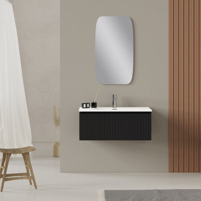 Banyetti Linea Matt Black Ribbed Wall Hung Vanity Unit 800mm X 460mm from B&Q