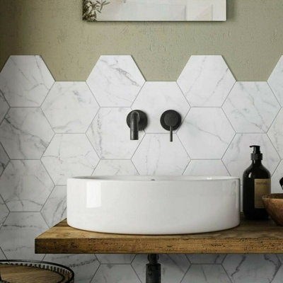 B&Q -  White Marble Matt Hexagon Floor Wall Tile (L)22.5Cm X (W)22.9Cm Each Box 0.87Sqm