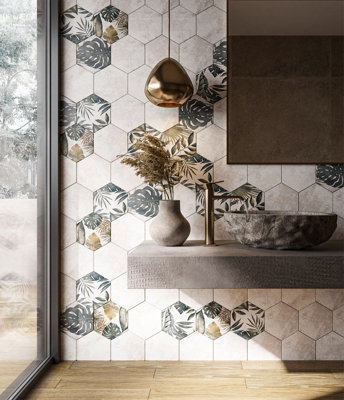 B&Q -  Beige Hexagon Floor Wall Tile (L)22.5Cm X (W)22.9Cm Each Box 0.87Sqm