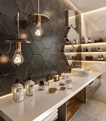  - Top Ceramics Black Marble Matt Hexagon Floor Wall Tile (L)22.5Cm X (W)22.9Cm Each Box 0.87Sqm